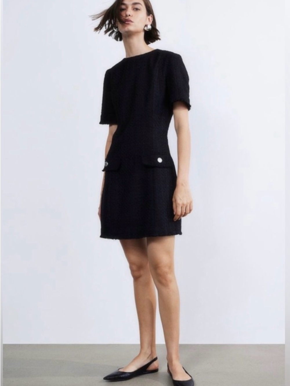 H&M Black Short-Sleeve Tweed Mini Dress with Button-Flap Pockets